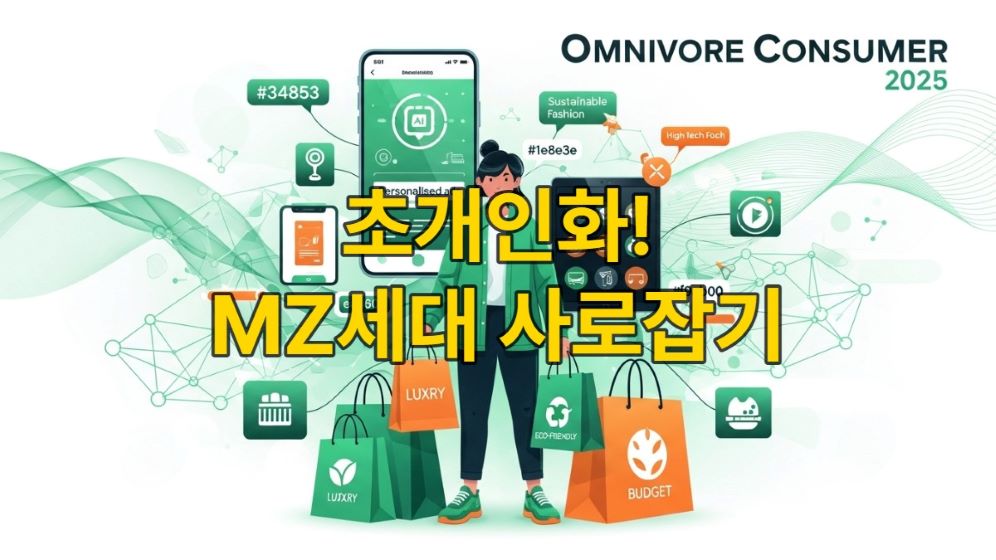 2025년 다양한 소비 가치와 온라인/오프라인 채널을 넘나드는 옴니보어 소비자가 빅데이터와 AI 분석을 통해 초개인화된 마케팅 추천을 받는 모습
