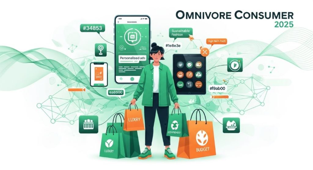 2025년 다양한 소비 가치와 온라인/오프라인 채널을 넘나드는 옴니보어 소비자가 빅데이터와 AI 분석을 통해 초개인화된 마케팅 추천을 받는 모습