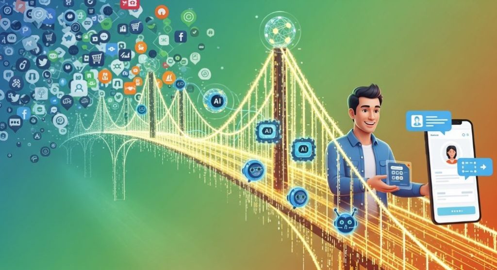 산재된 고객 데이터가 AI와 빅데이터 다리를 통해 개인화된 고객 경험으로 이어지는 과정을 보여주는 이미지