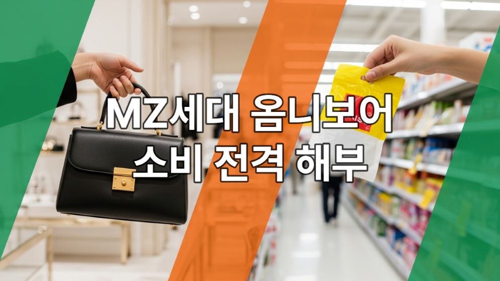하이엔드 명품 가방과 다이소 생활용품을 동시에 든 두 손이 대비되는 이미지. MZ세대의 양극단 옴니보어 소비 트렌드를 상징합니다.