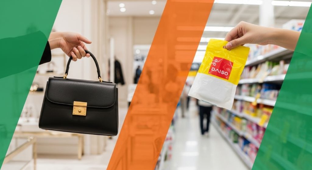 하이엔드 명품 가방과 다이소 생활용품을 동시에 든 두 손이 대비되는 이미지. MZ세대의 양극단 옴니보어 소비 트렌드를 상징합니다.