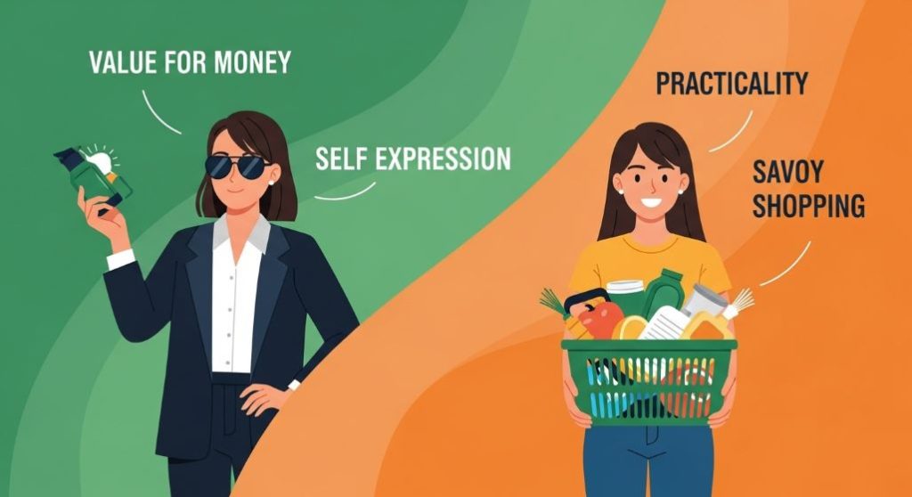 고급 제품과 가성비 제품을 동시에 소비하는 MZ세대의 상반된 모습을 그린 추상적인 일러스트. 옴니보어 소비의 특징을 보여줍니다.