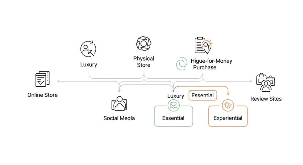다양한 제품 카테고리와 채널을 넘나드는 옴니보어 소비자의 여정을 보여주는 고객 여정 지도 일러스트. 개인화 마케팅의 중요성을 나타냅니다.