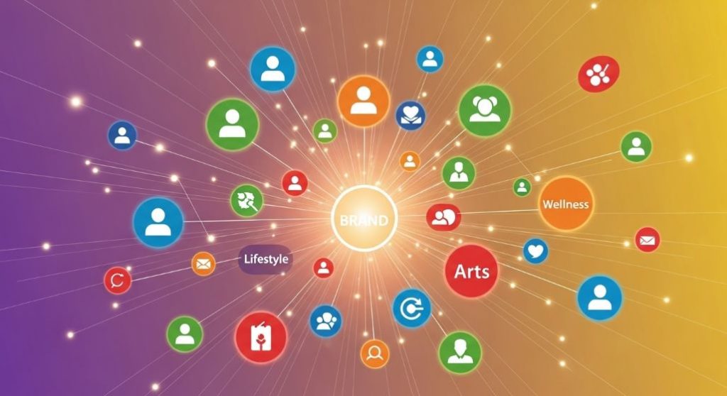 다양한 소비자들이 브랜드 중심으로 강력한 커뮤니티 네트워크를 형성하는 추상적인 이미지