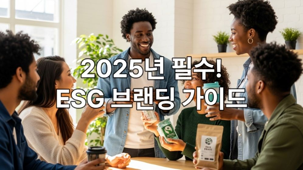 다양한 MZ세대가 친환경 제품을 들고 가치 소비에 대해 대화하는 모습, ESG 브랜딩과 지속 가능성의 중요성을 상징.