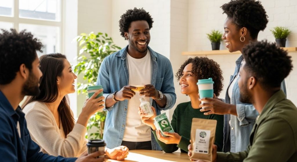 다양한 MZ세대가 친환경 제품을 들고 가치 소비에 대해 대화하는 모습, ESG 브랜딩과 지속 가능성의 중요성을 상징.