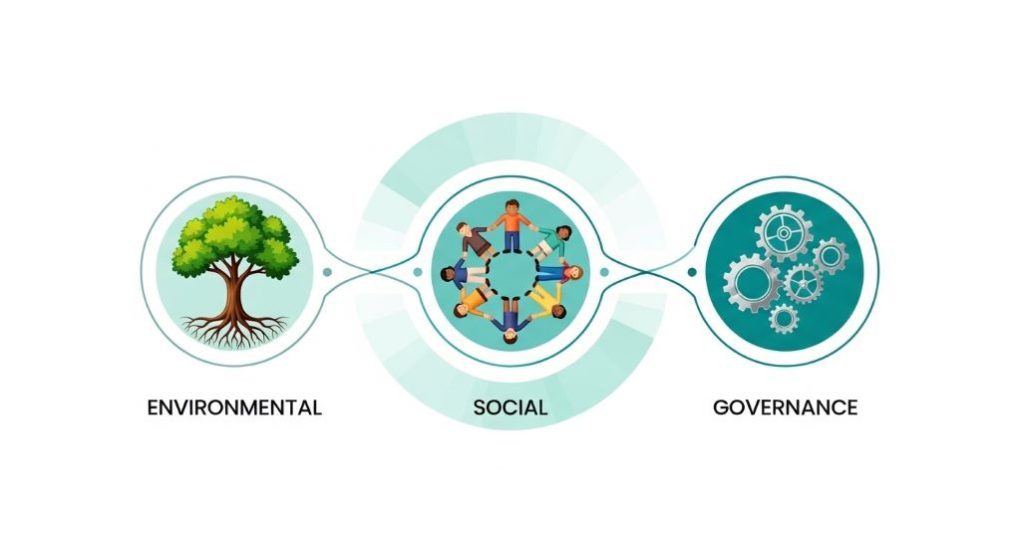 환경, 사회, 지배구조 세 가지 ESG 요소를 나타내는 유기적으로 연결된 인포그래픽.