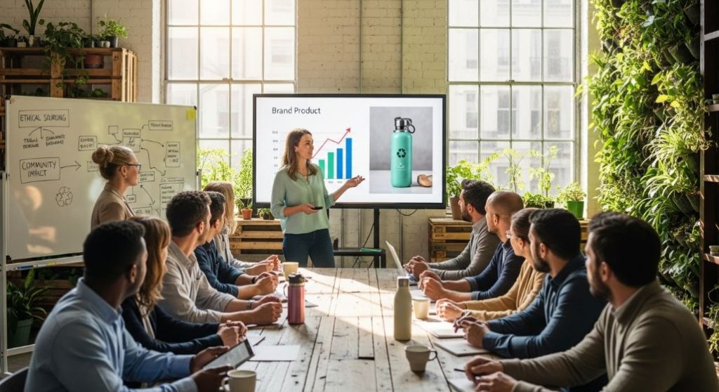 지속 가능한 제품 개발에 대해 발표하는 브랜드 관리자와 경청하는 직원들, 윤리적 경영의 중요성을 강조.
