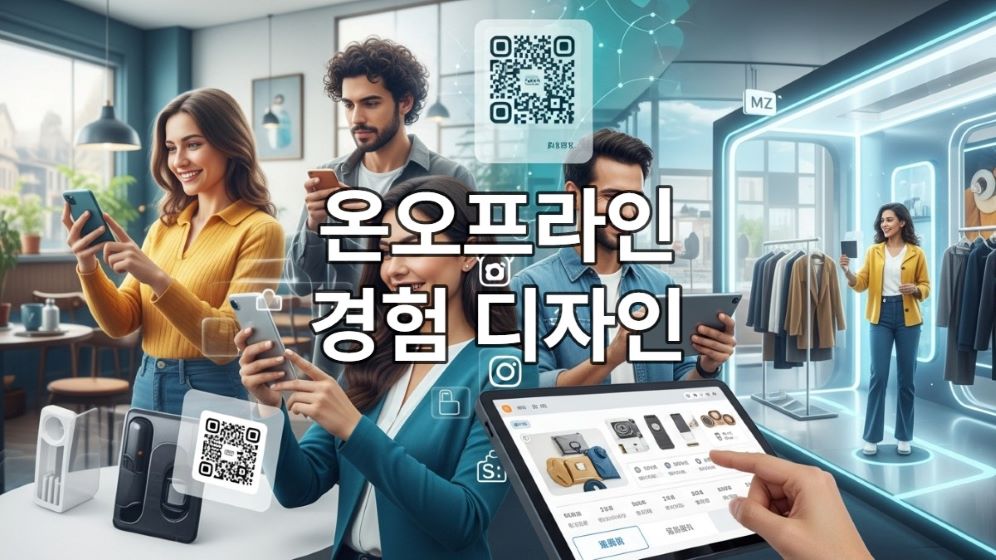 다양한 소비자들이 온라인과 오프라인 공간에서 매끄럽게 연결된 경험을 즐기는 모습. 증강현실(AR), 팝업 스토어, 디지털 디스플레이가 어우러져 옴니보어 소비 시대의 통합적 경험 디자인을 보여줍니다.