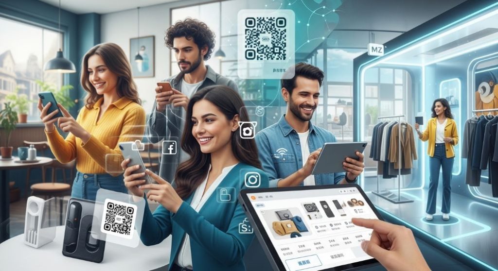 다양한 소비자들이 온라인과 오프라인 공간에서 매끄럽게 연결된 경험을 즐기는 모습. 증강현실(AR), 팝업 스토어, 디지털 디스플레이가 어우러져 옴니보어 소비 시대의 통합적 경험 디자인을 보여줍니다.