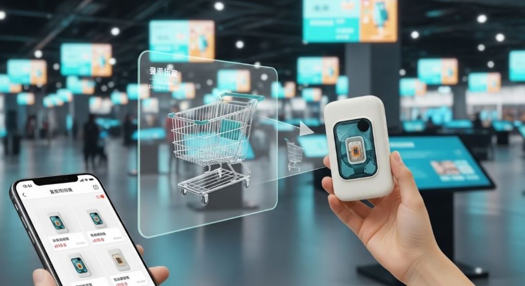 온라인 장바구니 화면과 손에 든 실제 제품이 매끄럽게 연결되는 모습. 온라인과 오프라인의 경계가 허물어진 쇼핑 경험을 시각적으로 보여줍니다.