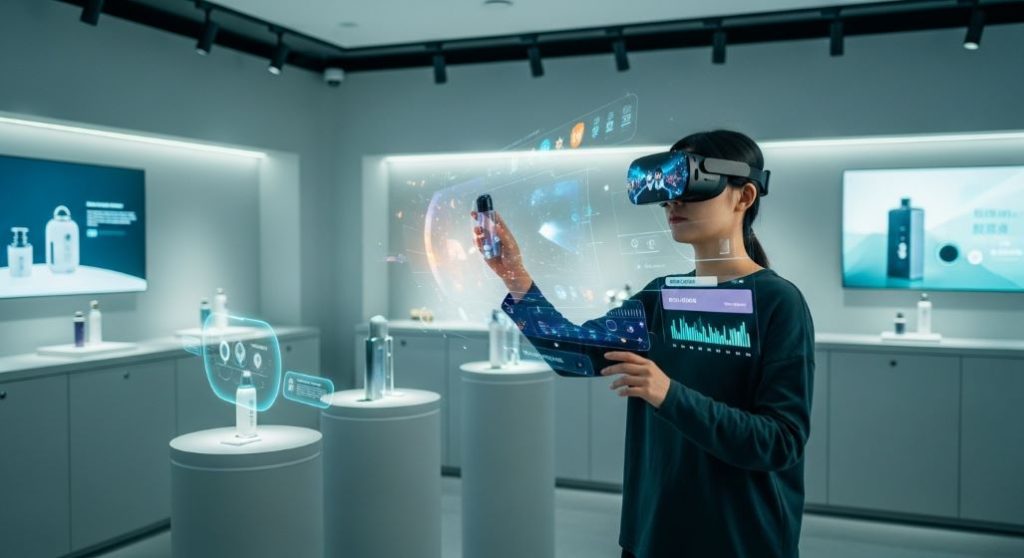 오프라인 매장에서 VR 기기를 착용하고 제품 관련 가상 세계를 탐험하는 사람. 개인화된 몰입형 경험을 통해 옴니보어 소비자를 위한 새로운 리테일 경험을 제시합니다.